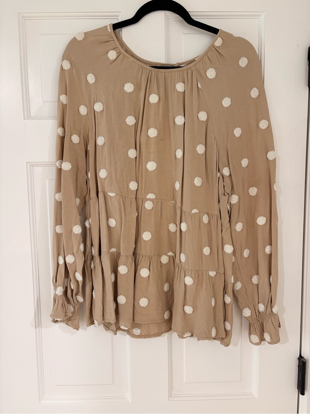 Beige Polka Dot Peasant Blouse - Women's Top